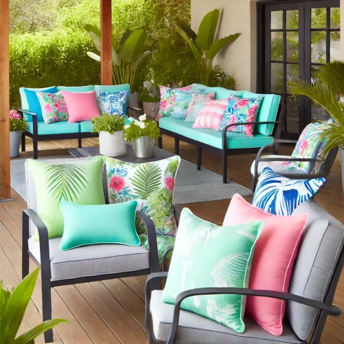 DALL·E 2024-10-03 00.31.14 - A vibrant outdoor patio setup with seasonal spring and summer cushions on outdoor furniture. The cushions feature soft pastel colors like mint green a